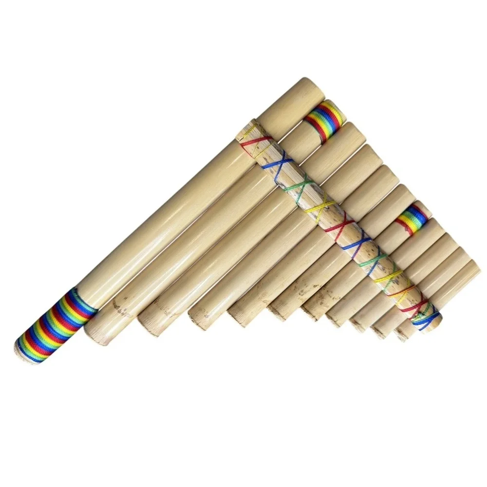 Handcrafted Bamboo Pan Flute 10 Pipe Natural Wood Wind Instrument Rainbow Wrap